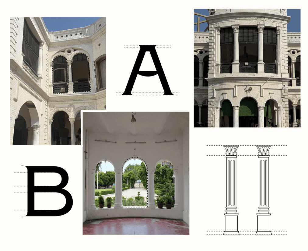 Identity concept — SABO letterforms placed alongside photographs and drawings of the Bhawan pillars